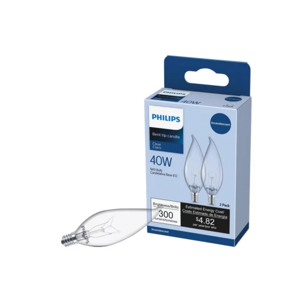 Philips DuraMax 40W Clear Candelabra Incandescent Bent Tip Bulb 2-Pack