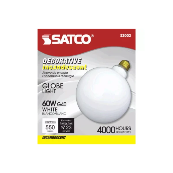 Satco 60W Frosted Soft White Medium Base G40 Incandescent Globe Light Bulb