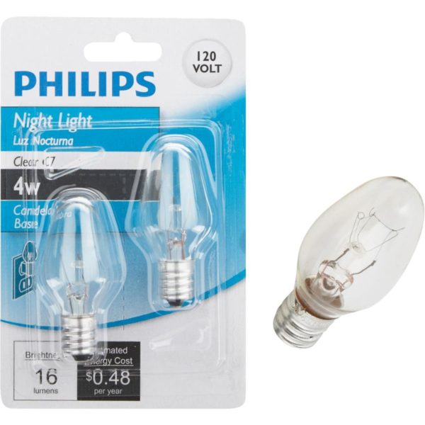 Philips 4W Clear Candelabra C7 Incandescent Night Light Bulb (2-Pack)