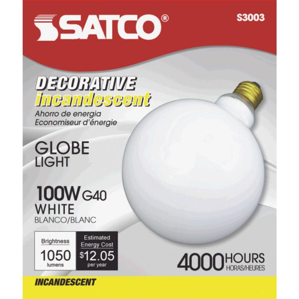 Satco 100W Frosted Soft White Medium Base G40 Incandescent Globe Light Bulb