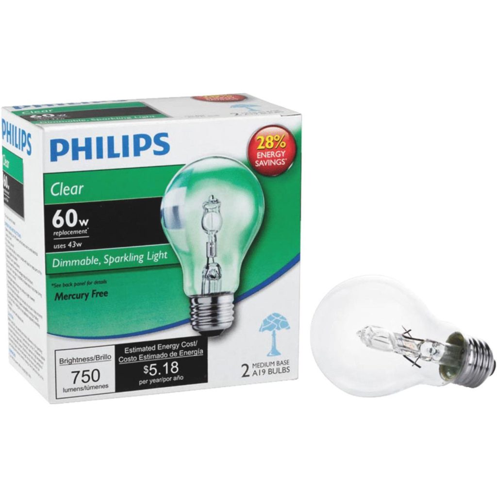 Philips 60W Equivalent Clear Medium Base A19 Halogen Light Bulb (2-Pack)