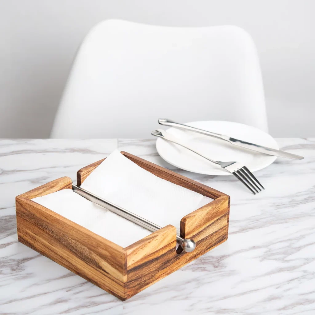 Acacia Wood Napkin Holder with Weighted Stainless Steel Center Bar2