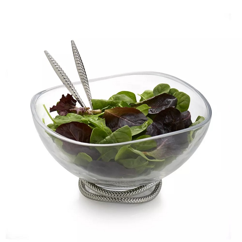 Nambe Braid Glass & Chrome Salad Bowl w/ Servers