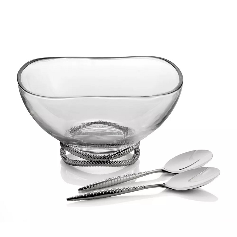 Nambe Braid Glass & Chrome Salad Bowl w/ Servers