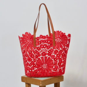 LACE TOTE BAG W/LINER- CORAL