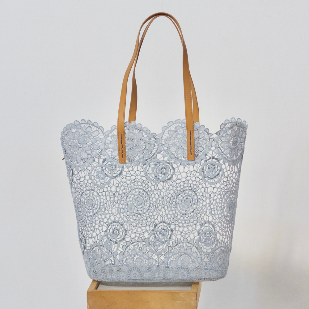 LACE TOTE BAG W/LINER- GREY