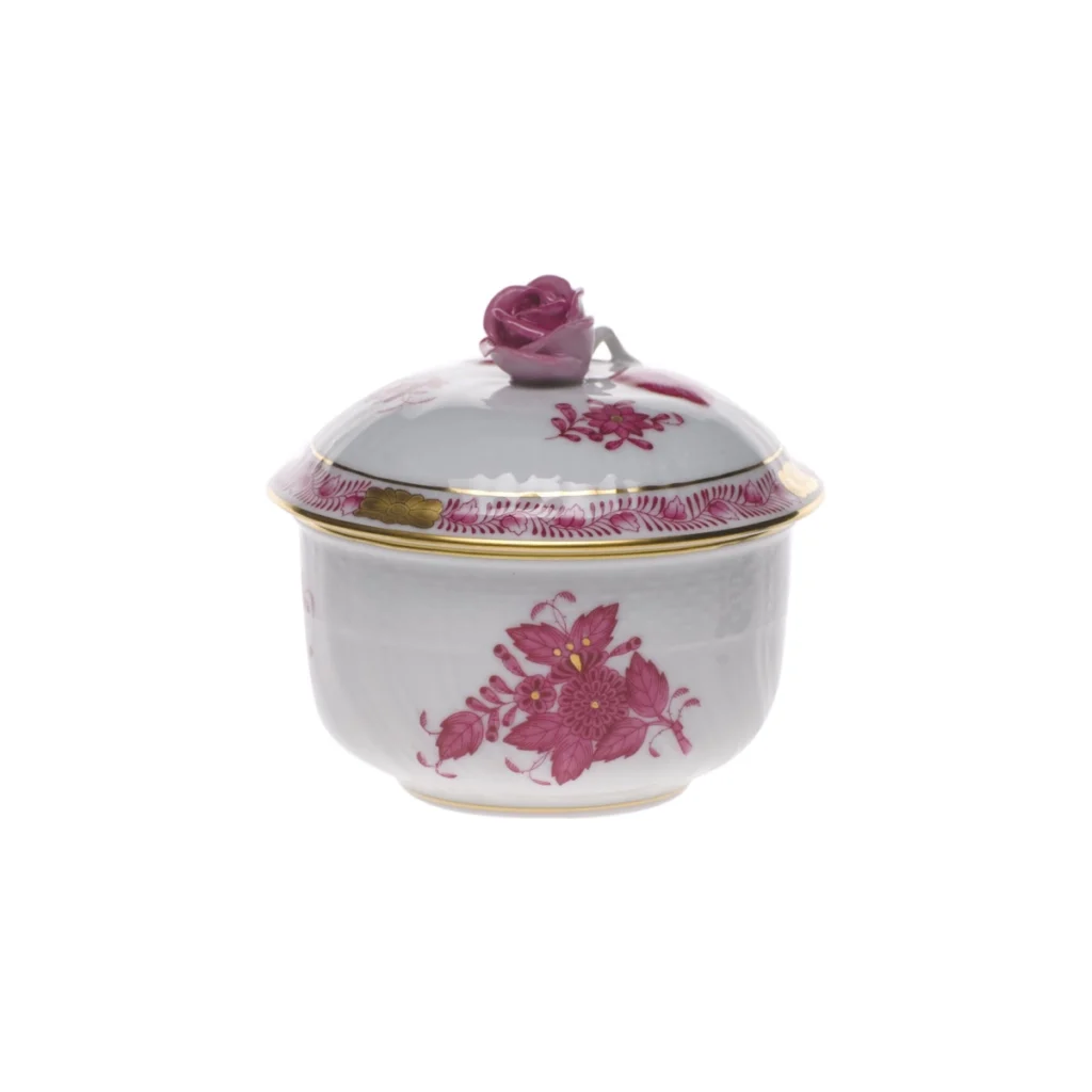 Herend Chinese Bouquet Raspberry Covered Sugar Bowl with Rose Handle