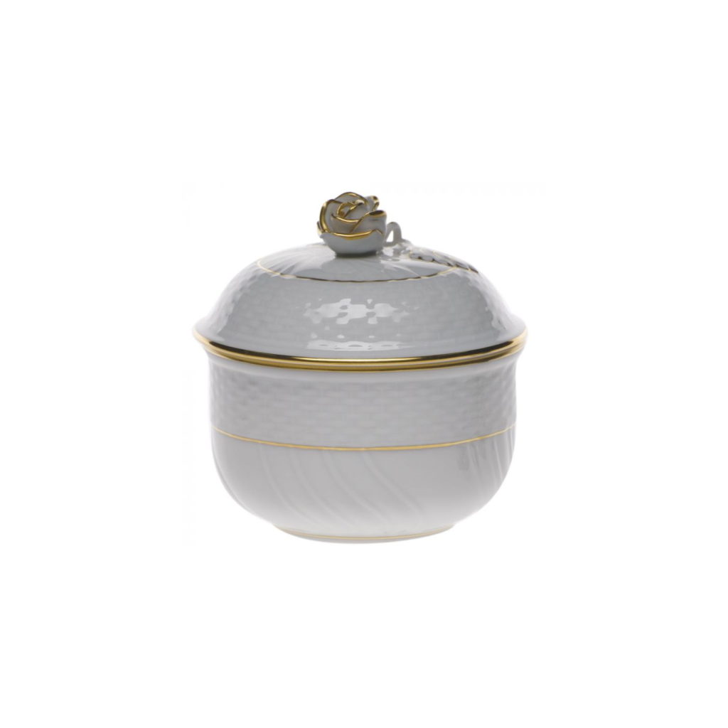 Herend Golden Edge Covered Sugar Bowl with Rose Handle