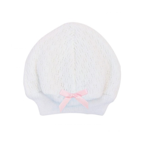 Beanie Cap With Bow- White/Pink