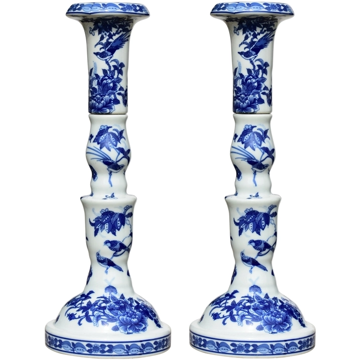Porcelain Blue & White Canton Candle Stand Pair