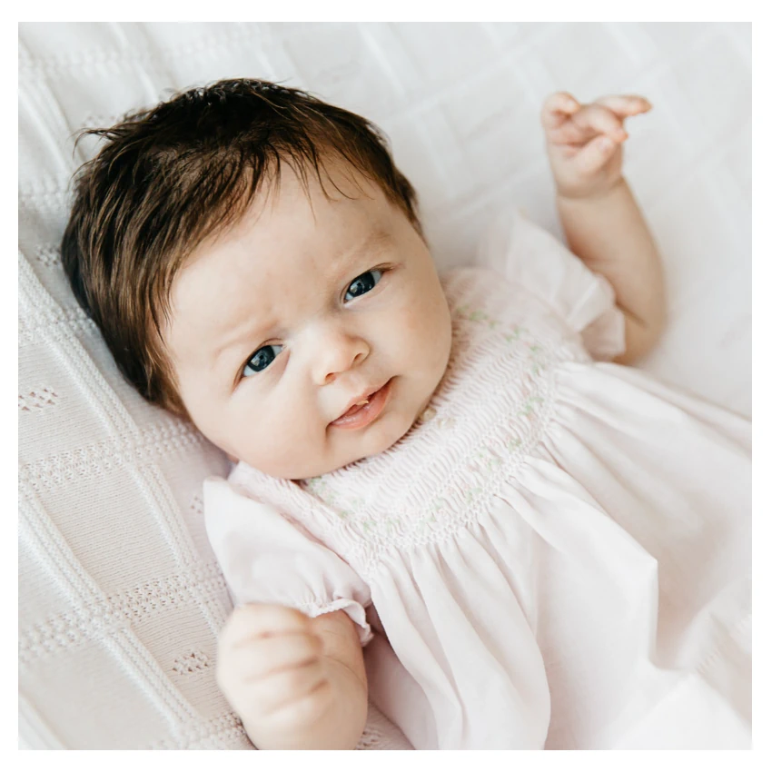 White/Pink Newborn Smocked Rose Dress