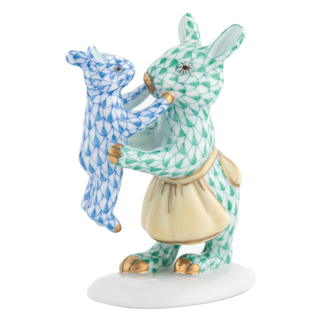 Herend Mother Bunny with Child - Green and Blue