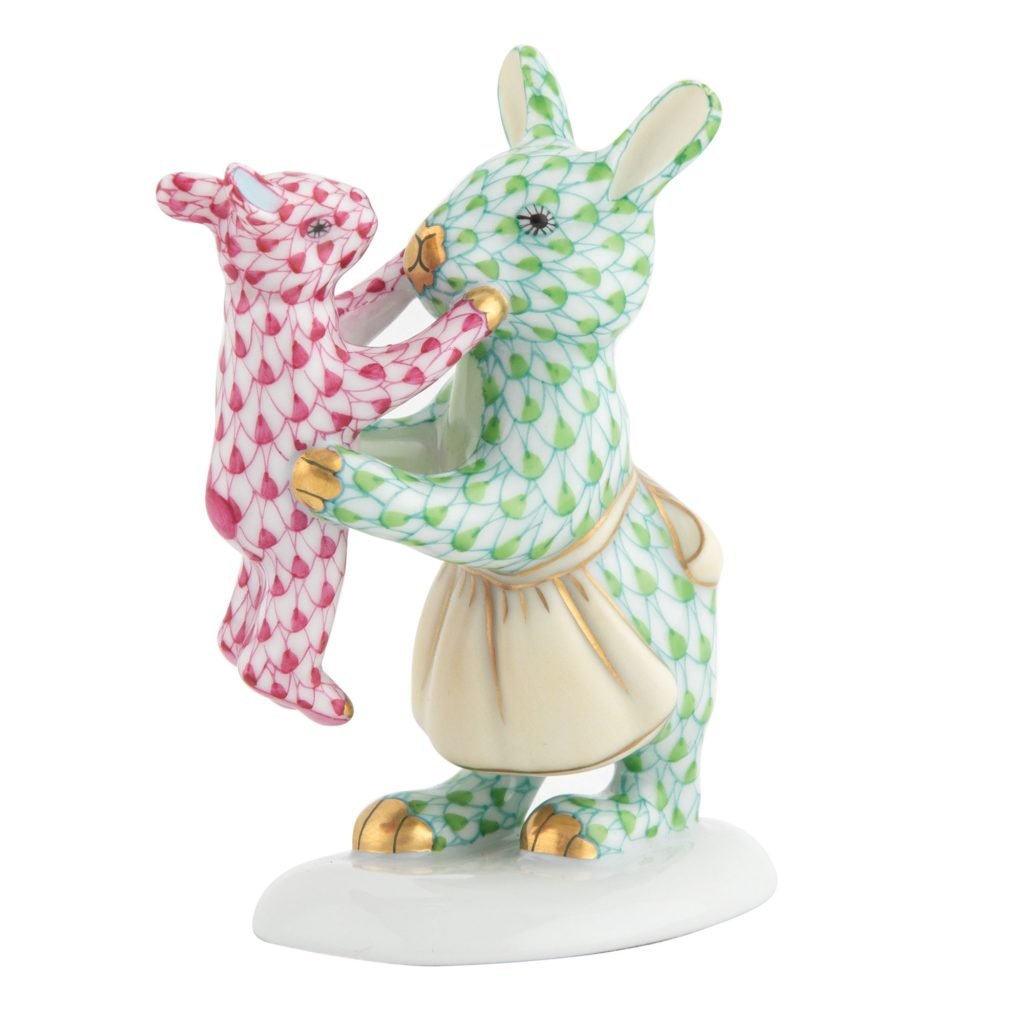 Herend Mother Bunny with Child - Key Lime and Pink
