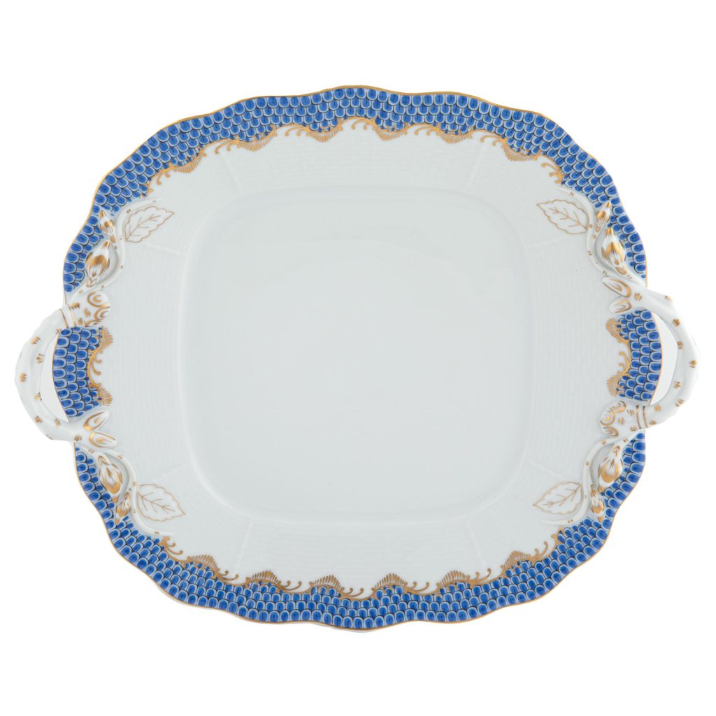 Herend Fish Scale Blue Cake Plate with Handles