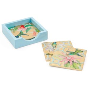 Caspari Hummingbird Trellis Square Lacquer Coasters Set