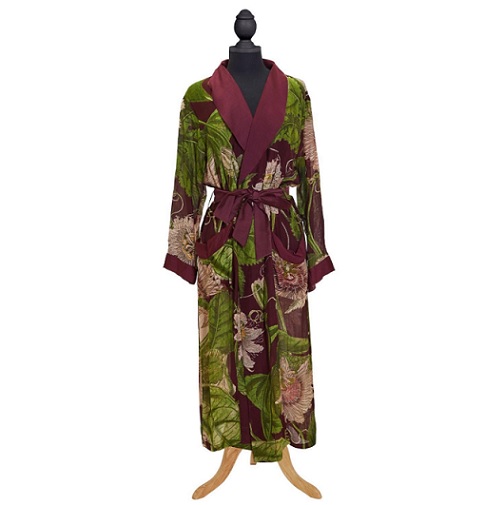 Passion Flower Burgundy Robe Gown with Removable Waist Tie Closure