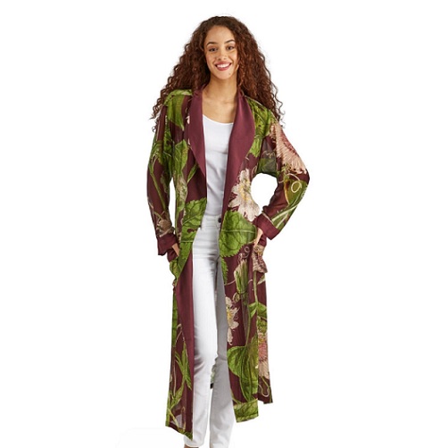 Passion Flower Burgundy Robe Gown with Removable Waist Tie Closure