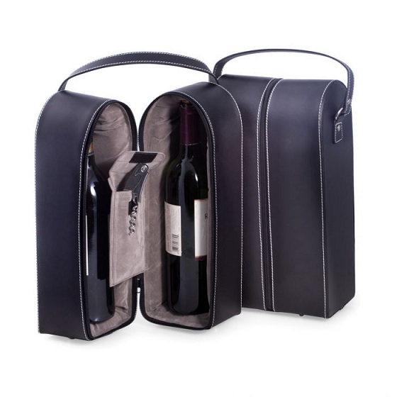 Bey Berk Black Leather Wine Caddy for Two Bottles and Bar Tool