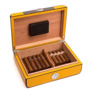 Bey Berk Carbon Fiber & Yellow Lacquered Wood 25 Cigar Humidor  