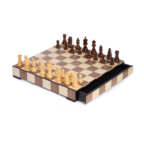 Matted Inlay Chess and Checkers Set with Storage Drawer.