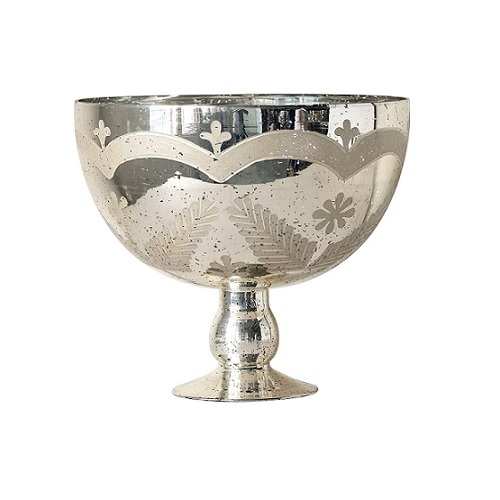 Creative Co-Op Glass Bowl with Etched Design Dinnerware, Silver