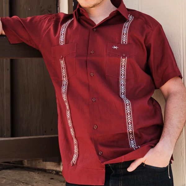 Texas Standard Tejas Guayabera Shirt - Solid Maroon