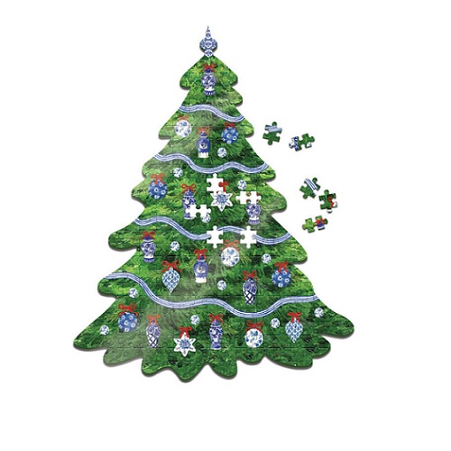 Blue and White 500 Pc Christmas Tree Shape Jigsaw Puzzle