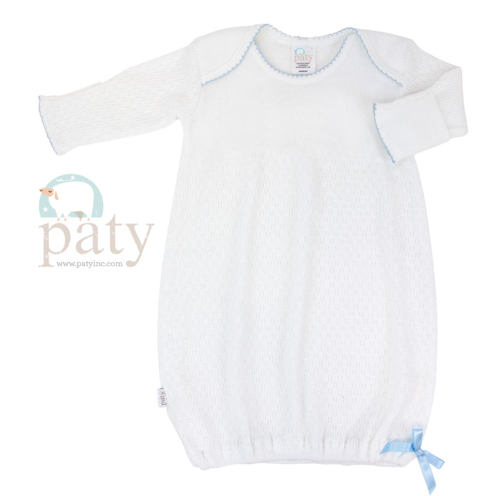 Paty Inc. Long Sleeve White/Blue Lap-Shoulder Gown