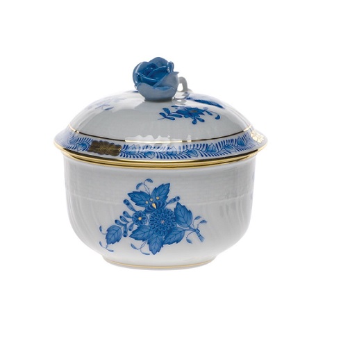 Herend Chinese Bouquet Blue Covered Sugar With Rose