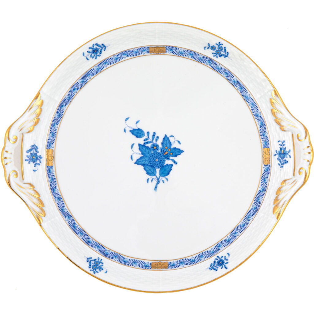 Herend Chinese Bouquet Blue Round Tray with Handles