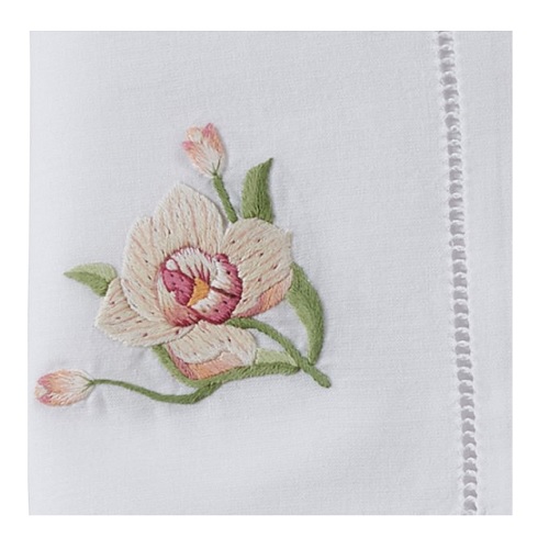 Saro Hemstitch Table Napkin with Pink Orchid Embroidery
