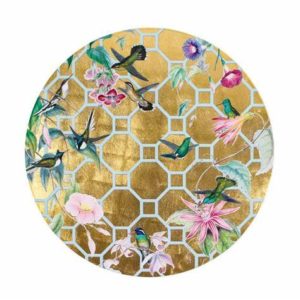 Hummingbird Trellis 15" Round Lacquer Placemat in Gold