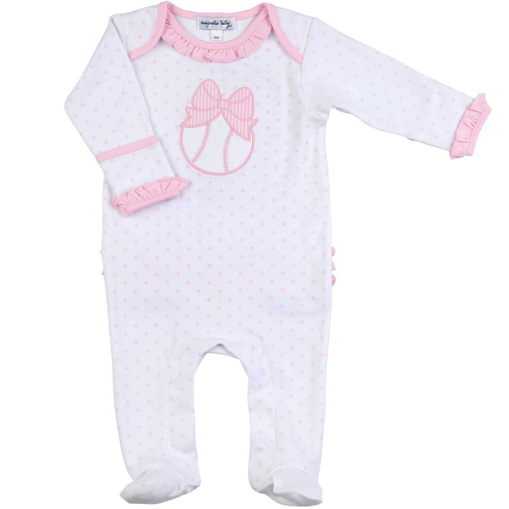 Magnolia Baby At the Ballpark Applique Pink Ruffle Lap Footie
