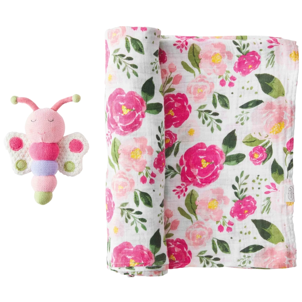 Mud Pie Floral Swaddle Blanket and Rattle