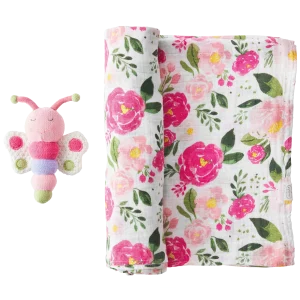 Mud Pie Floral Swaddle Blanket and Rattle