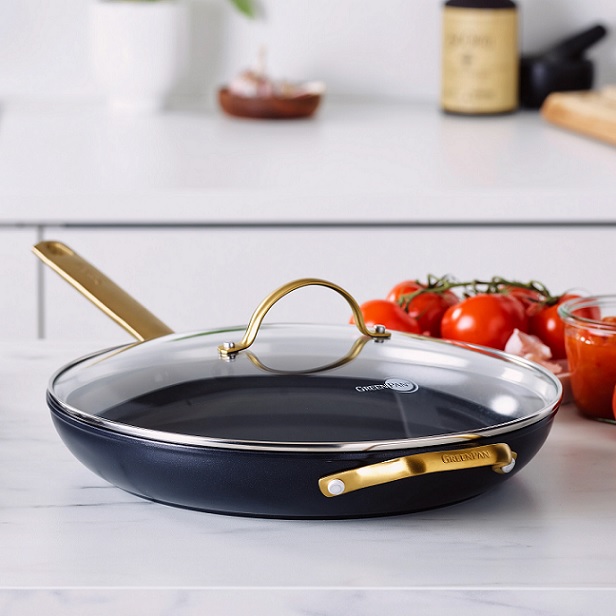 Reserve Ceramic Nonstick 12" Frypan With Lid Black/Gold Berings