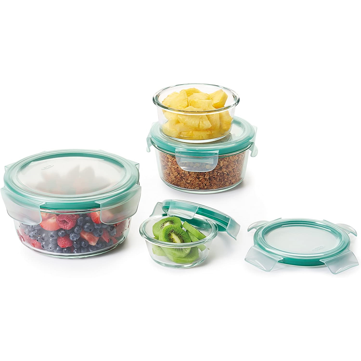 OXO Good Grips Smart Seal Glass Round Containers | Clear/Teal-Set of 4