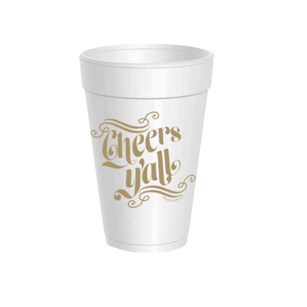 Cheers Y'all Styrofoam Cups - Metallic Gold