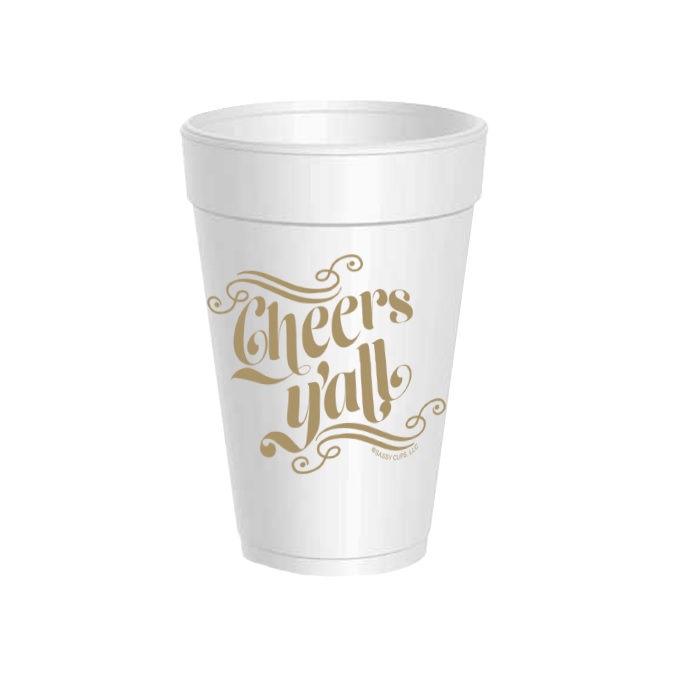 Cheers Y'all Styrofoam Cups - Metallic Gold