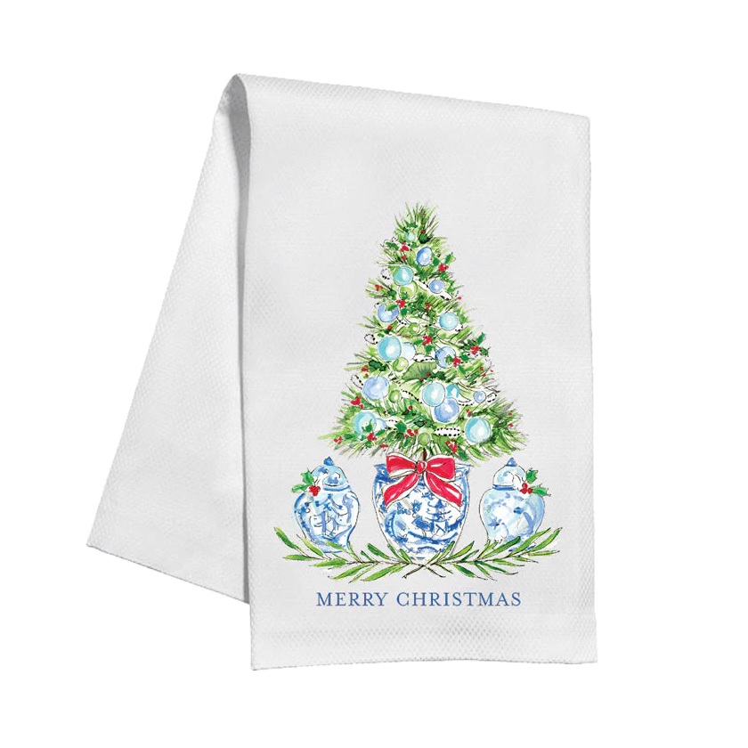 Blue Holiday Tree with Ginger Jars Kitchen Towel
