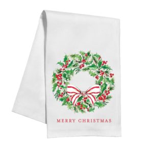Merry Christmas Holly Wreath with Bow Kitchen Towel