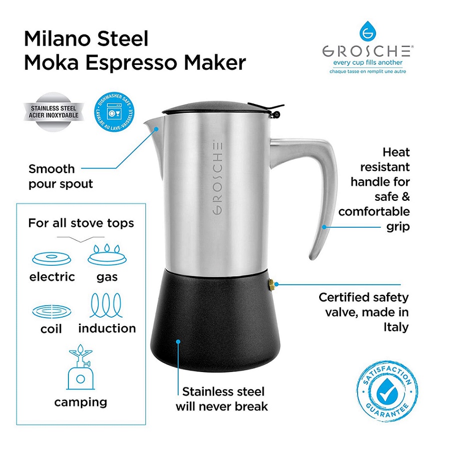 GROSCHE Milano Steel 6 cup Stainless Steel Stovetop Espresso Maker