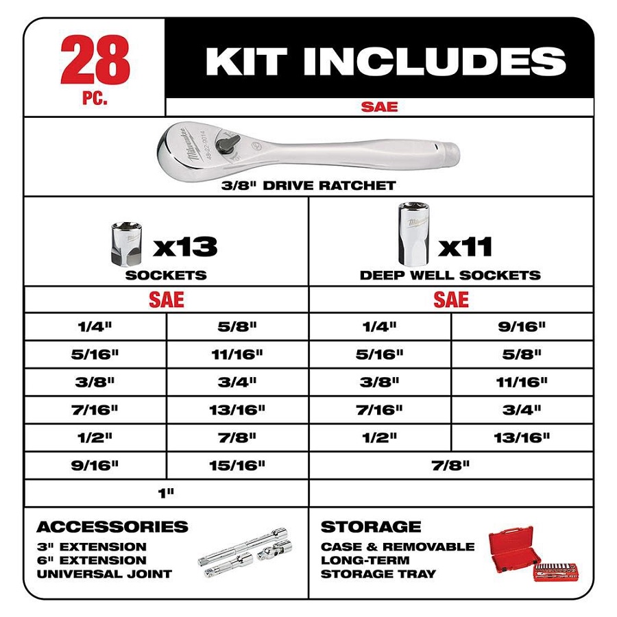Milwaukee 3/8" Drive 32pc Ratchet & Socket Set - SAE