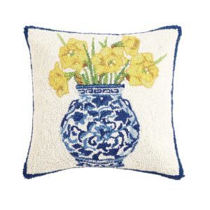 Peking Handicraft Chinoiserie Vase Daffodils Hook Pillow