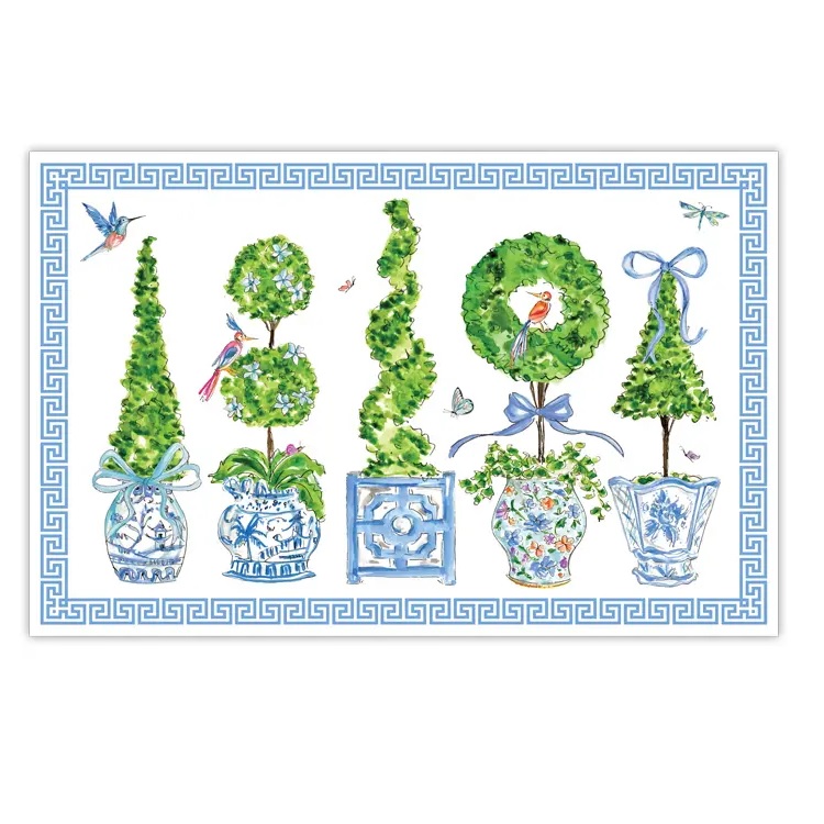 Hand Painted Blue Enchanted Boxwood Topiaries Paper Placemat