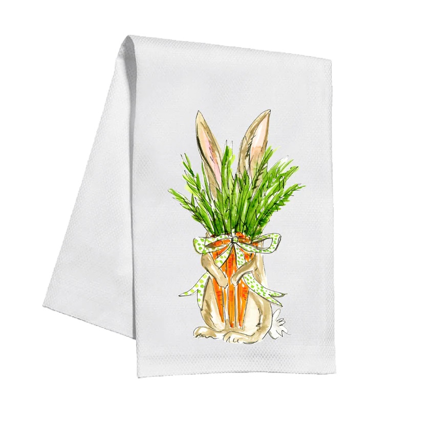 Hand Painted Bunny Holding Carrots Kitchen Towel