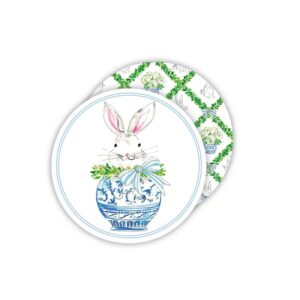 Hand Painted Bunny in Chinoiserie Pot Round Coaster