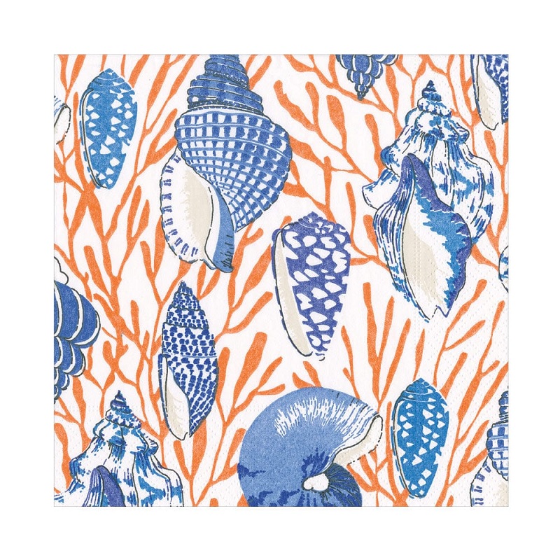 Shell Toile Luncheon Napkins in Coral & Blue