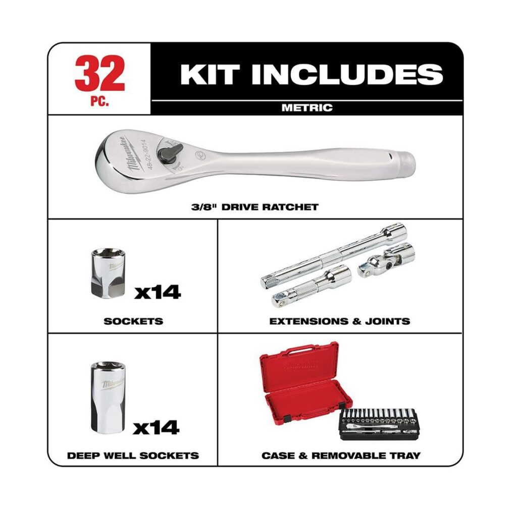 Milwaukee 3/8" Drive 32pc Ratchet & Socket Set - Metric