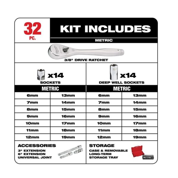 Milwaukee 3/8" Drive 32pc Ratchet & Socket Set - Metric